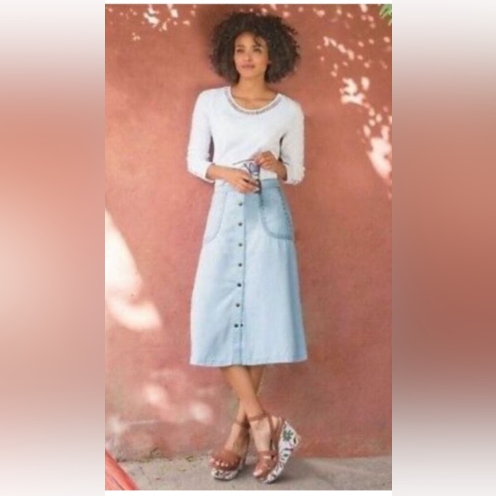Soft Surroundings A-line skirt size small light blue embroidered coastal soft - Picture 3 of 13